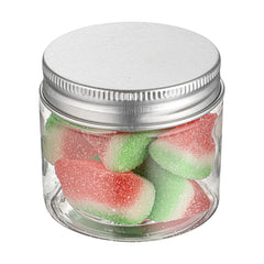 RW Base 2 oz Round Clear Plastic Candy and Snack Jar - with Silver Aluminum Lid - 2