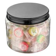 RW Base 16 oz Round Clear Plastic Candy and Snack Jar - with Black Aluminum Lid - 3 3/4