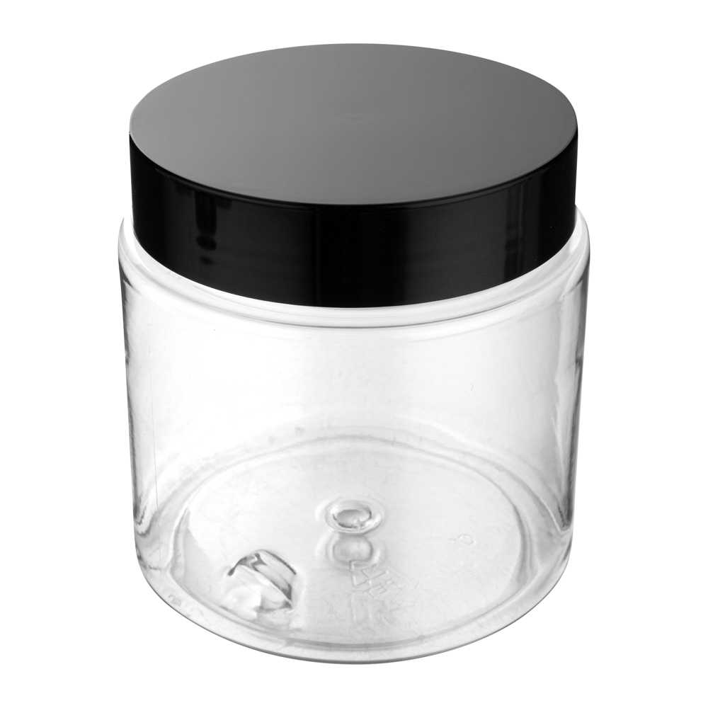 Chef 101 8 oz Round Clear Plastic Candy and Snack Jar - with Black Plastic Lid - 3" x 3" x 3" - 100 count box