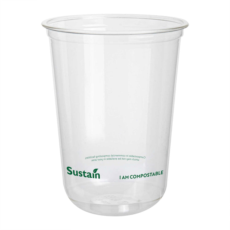Sustain 16 oz U-Shape Clear PLA Plastic Drinking Cup - Compostable, Rounded Bottom - 3 1/2" x 3 1/2" x 4 3/4" - 100 count box