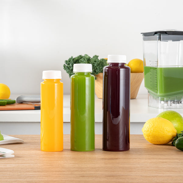 12 Pack, 12 OZ Reusable Plastic Juice Bottles With Caps, Plus 12 Labels & 2 Silicone Funnels - Clear Juicing Bottles For Juice, Smoothies, Ginger, Tea, Coffee - Food Grade & Leakproof
