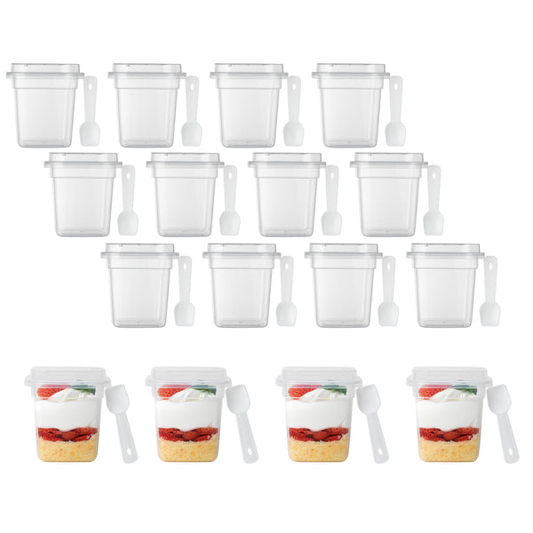 Mini Serve 7 oz Square Clear Plastic Dessert Cup - with Lid and Spoon - 3 1/4''  x 3 1/4'' x 3 1/2''