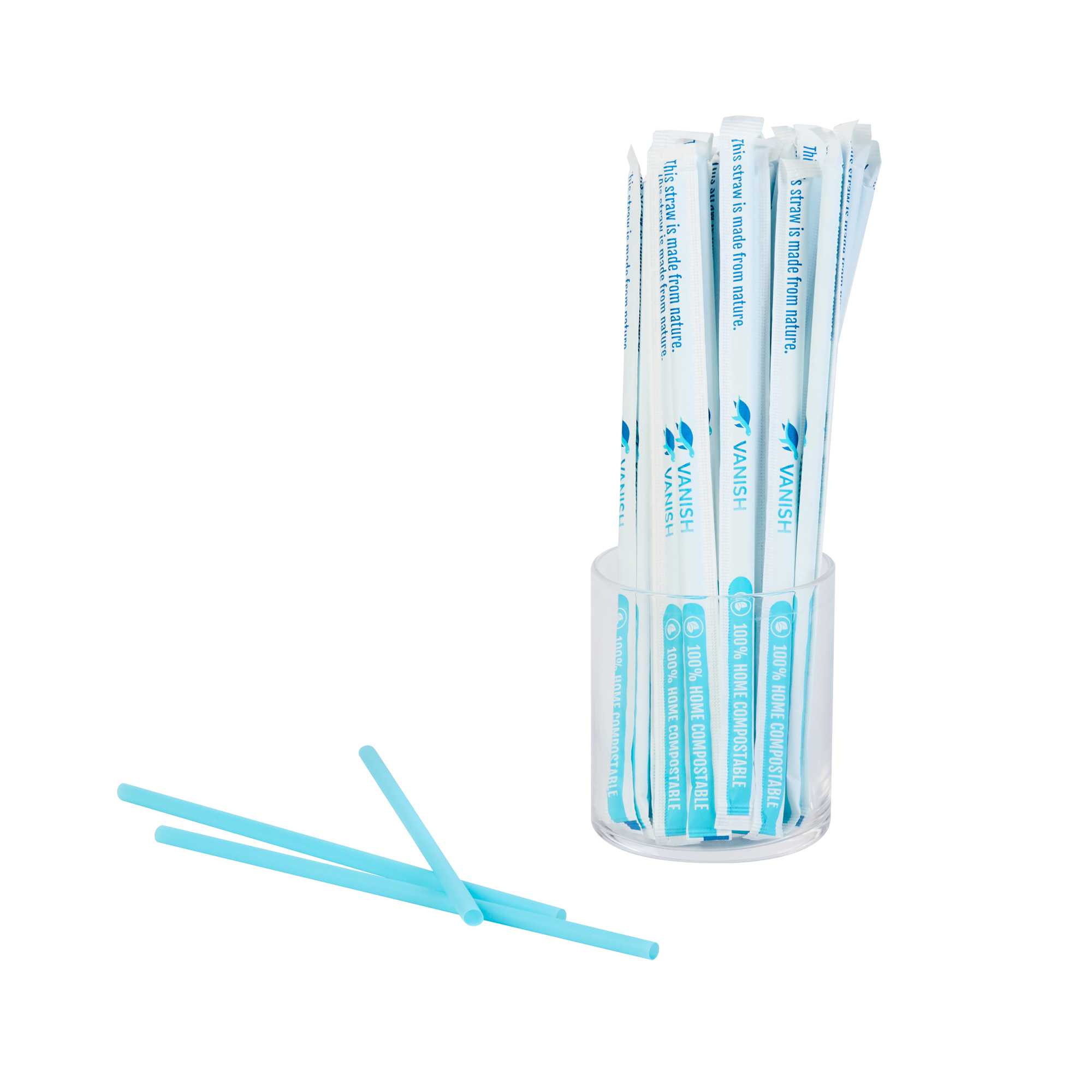 Vanish Blue PHA Plastic Straw - Wrapped, Compostable - 7 3/4" - 5000 count box