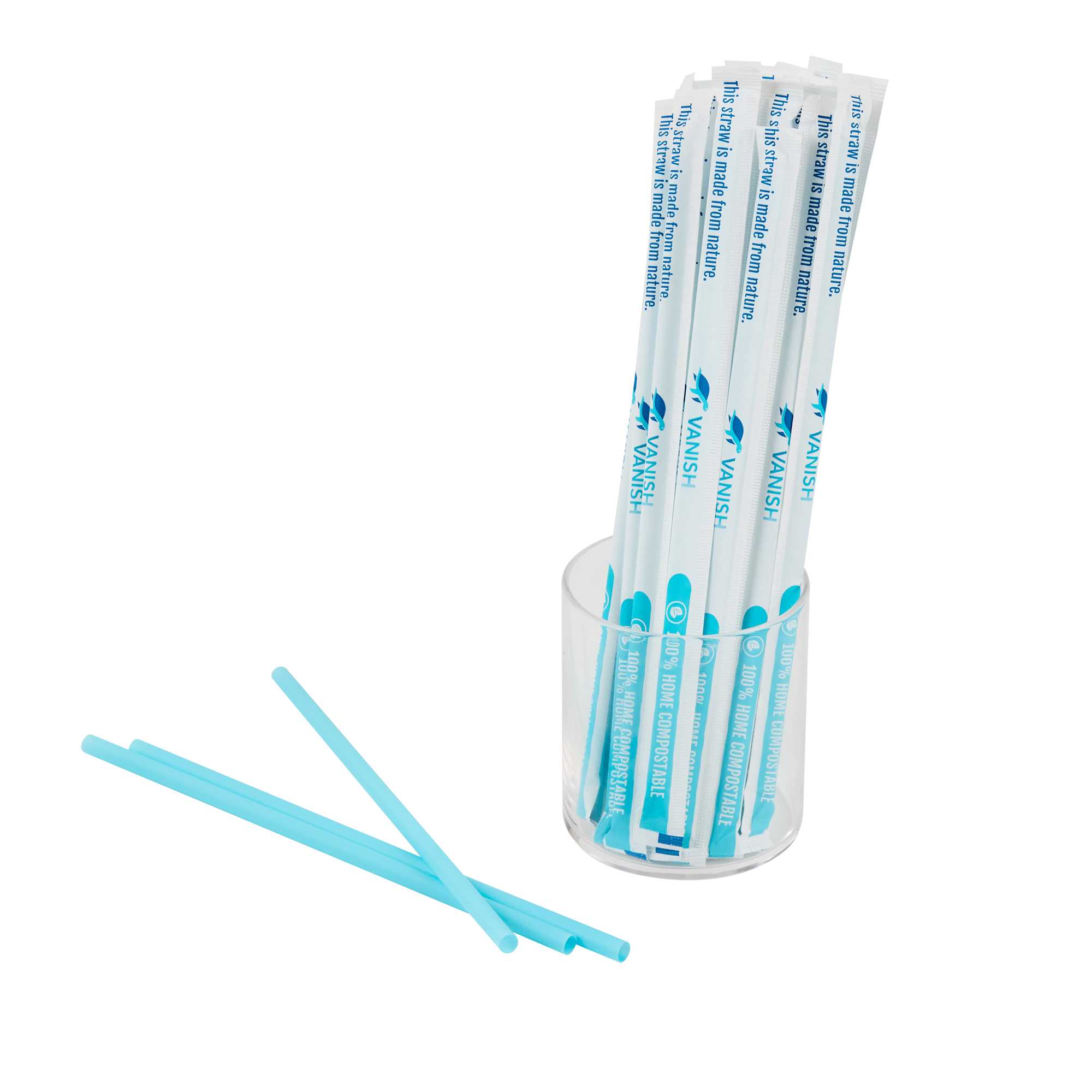 Vanish Blue PHA Plastic Straw - Wrapped, Compostable - 8 1/4" - 5000 count box