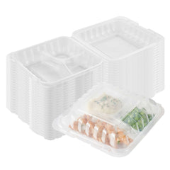 Chef 101 34 oz Square Clear Plastic Clamshell Container - 3 Compartments, Microwavable - 8