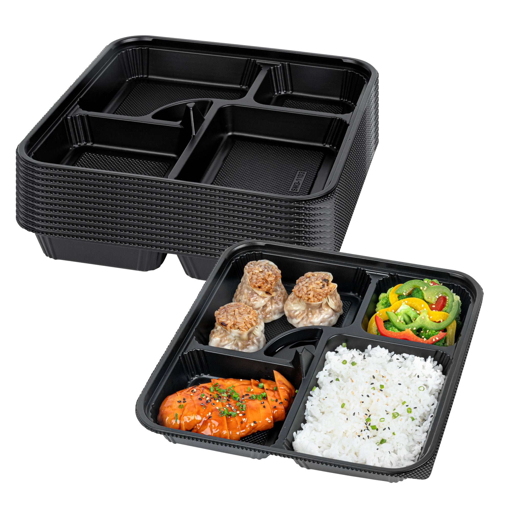 Bento Tek 40 oz Square Black Plastic Bento Box - 5 Compartments ...