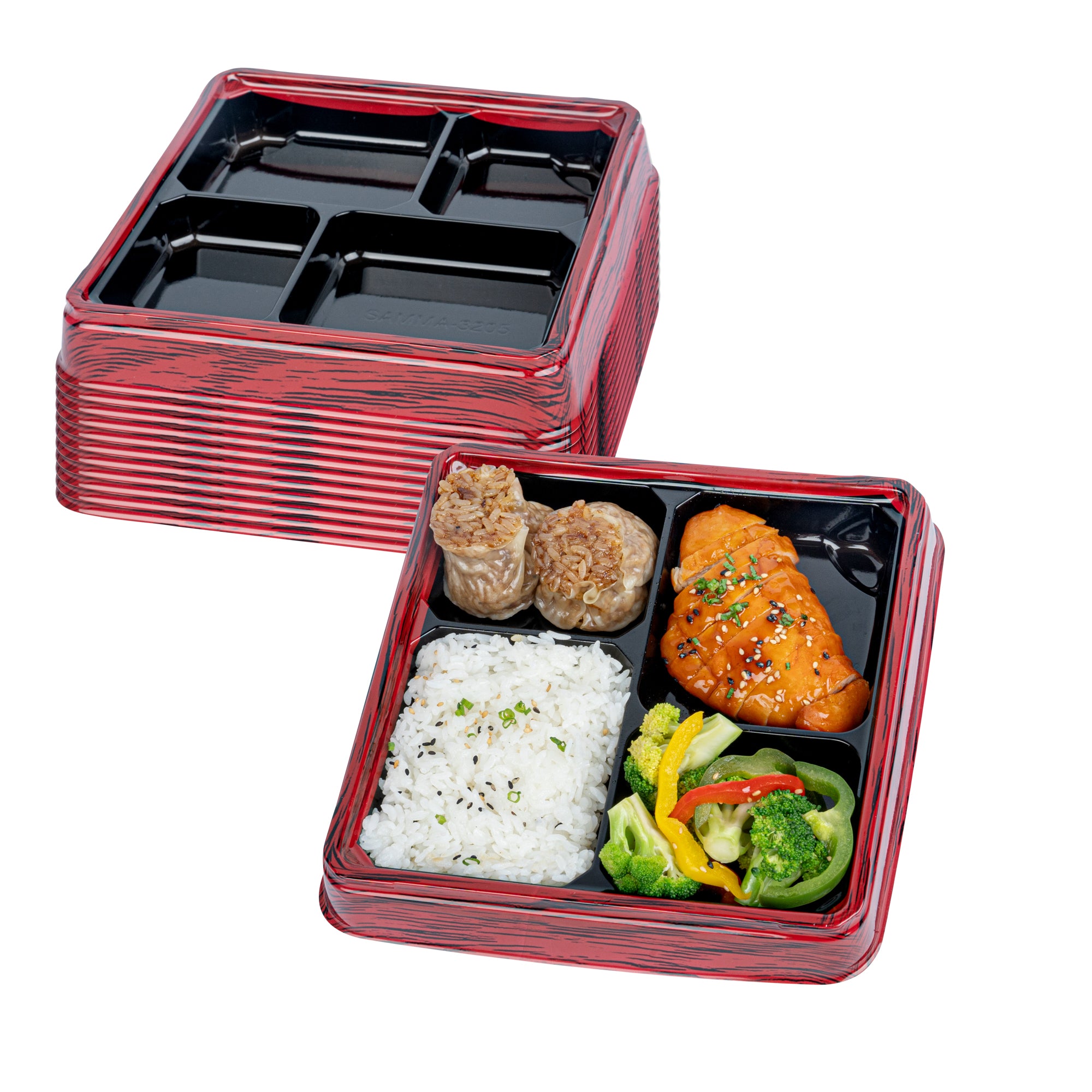 Bento Tek 18 oz Square Red and Black Plastic Bento Box - 4 Compartments ...
