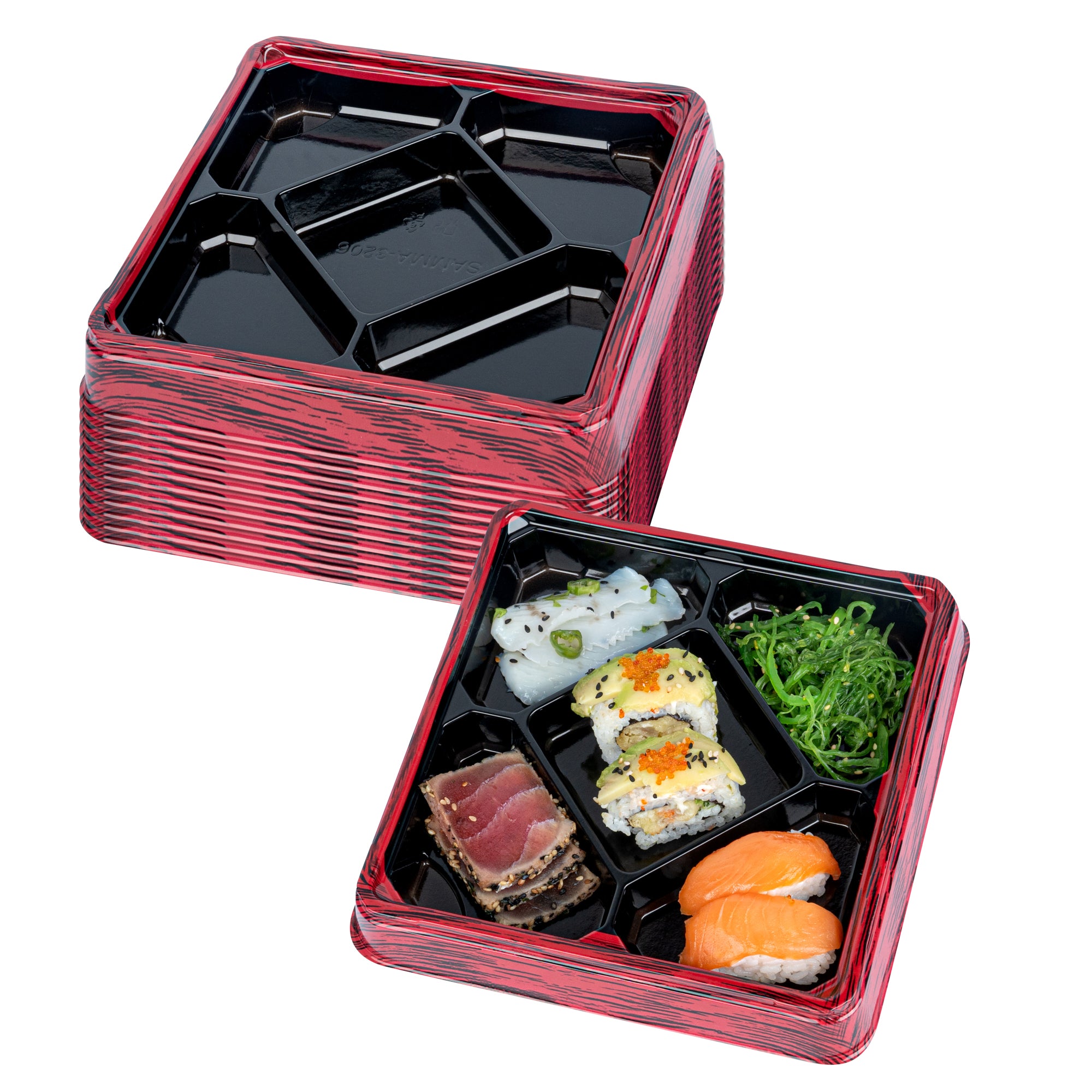 bento box tackle Bento Tek 19 oz Square Red And Black Plastic Bento Box - 5 Compartments - 8 1/2 inch x 8 1/2 inch x 1 1/4 inch