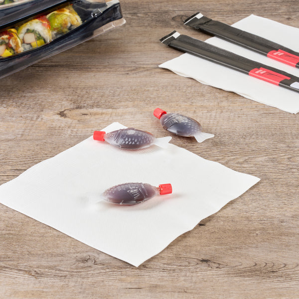 bento box soy sauce fish Bento Tek 8 mL Translucent Plastic Fish Soy Sauce Bottle - with Red Cap - 3" x 1/2" x 1 1/4"