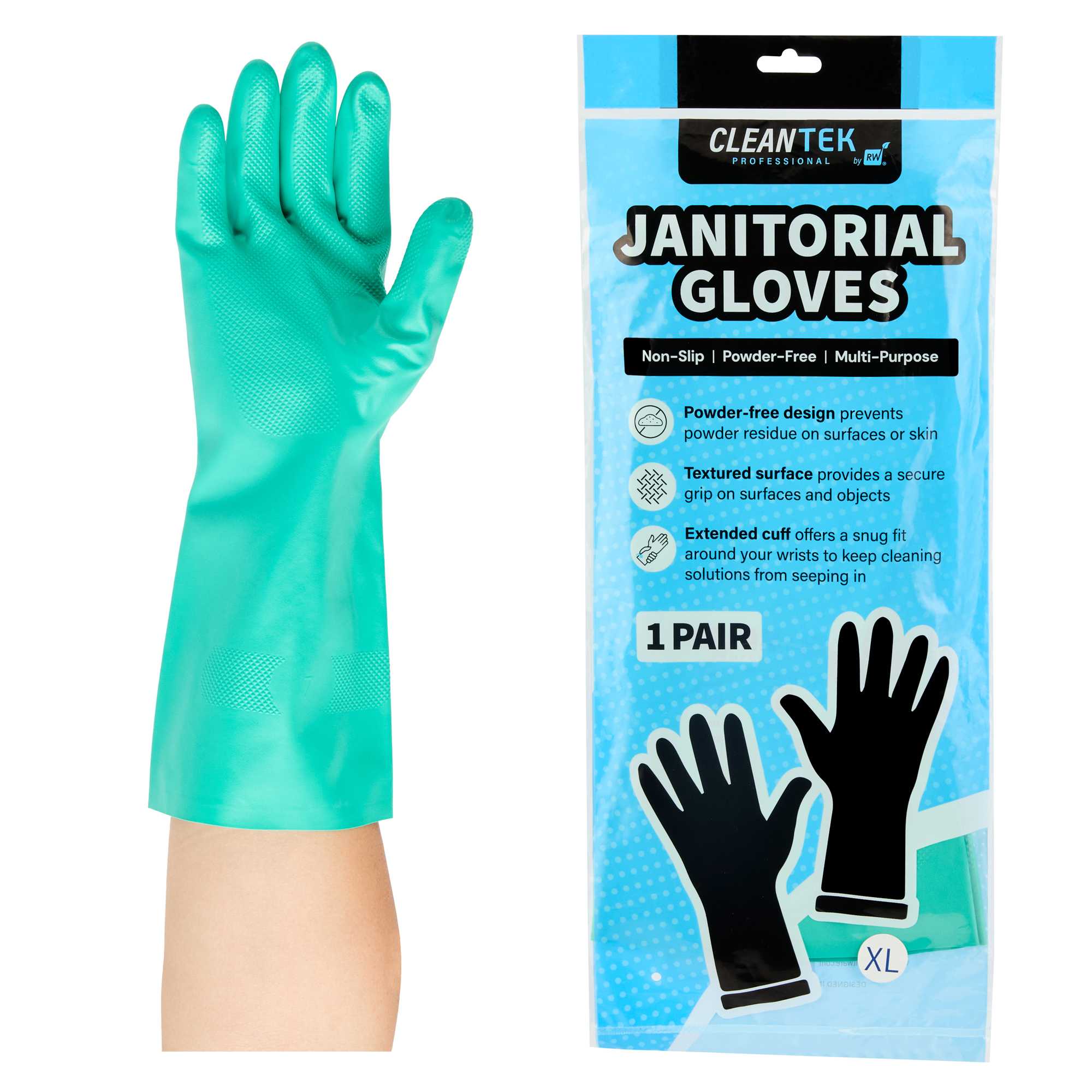 Clean Tek Professional Green Extra Large Nitrile Gloves - 15 mil, Flock Lining, Chemical-Resistant - 13" x 4 3/4" - Pair - 100 count box