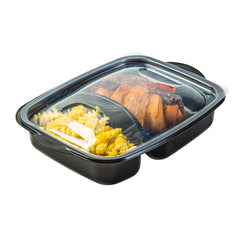 Chef 101 36 oz Rectangle Black Plastic Food Container - with Clear Lid, Microwavable, 2 Compartments - 8 3/4