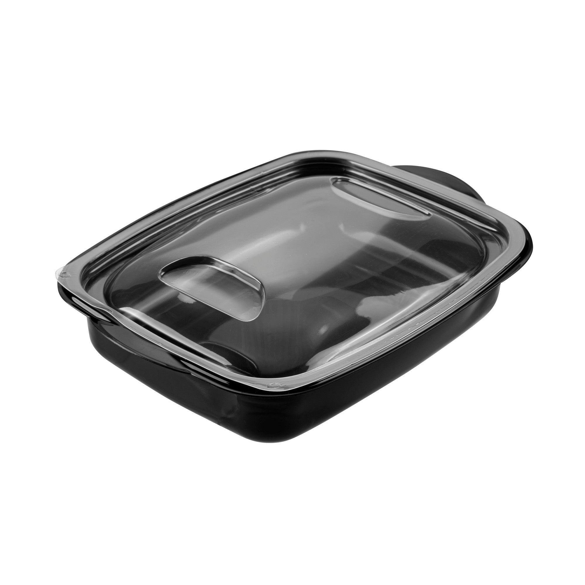 Chef 101 36 oz Rectangle Black Plastic Food Container - with Clear Lid, Microwavable - 8 3/4" x 7" x 2 1/4" - 100 count box