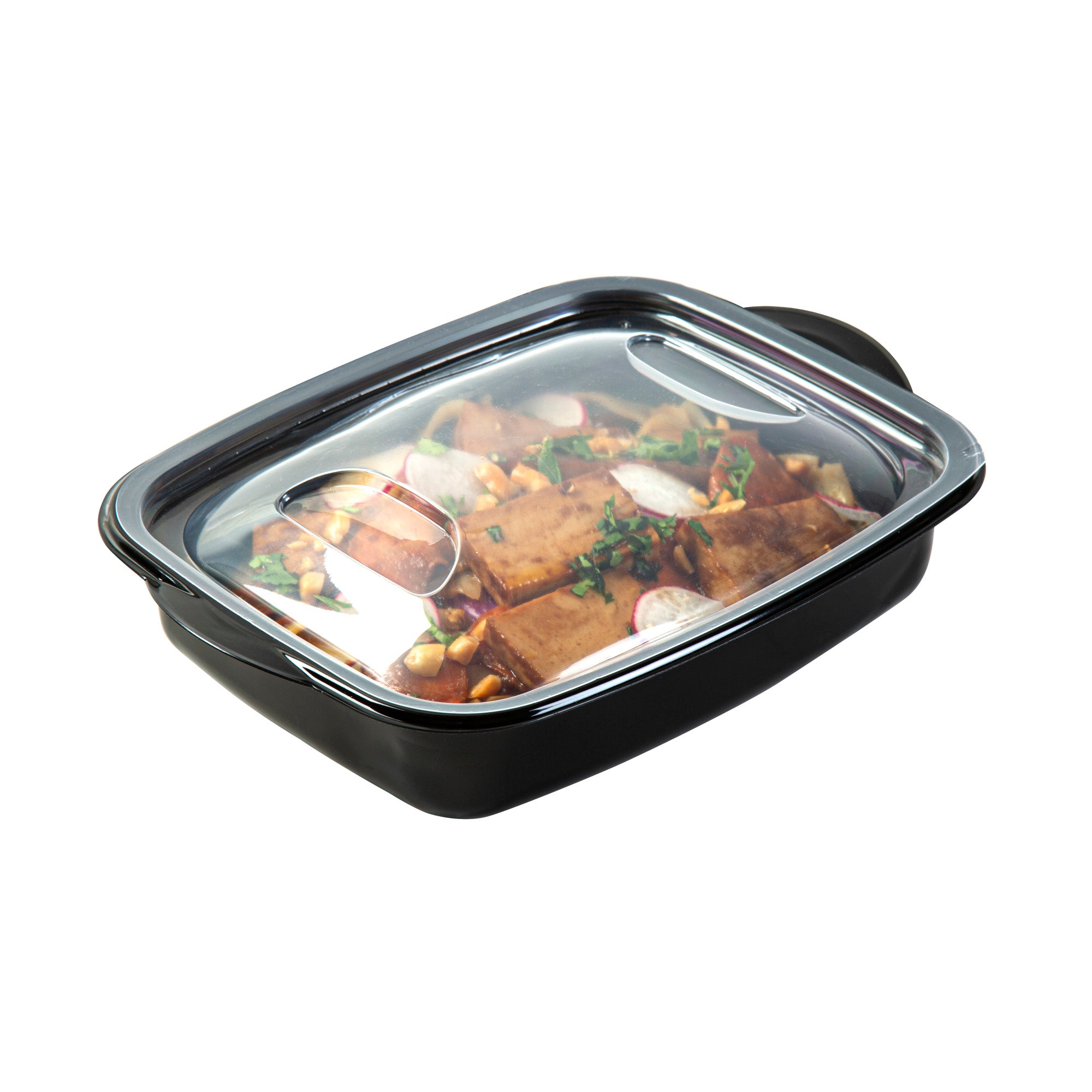 Chef 101 36 oz Rectangle Black Plastic Food Container - with Clear Lid, Microwavable - 8 3/4" x 7" x 2 1/4" - 100 count box