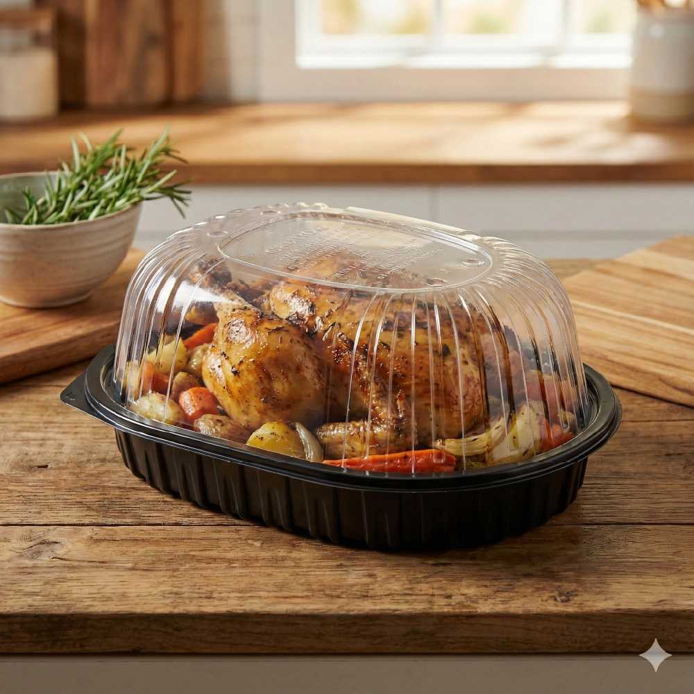 Chef 101 Black Plastic Chicken Roaster Container - with Clear Dome Lid, Microwavable - 10" x 7 1/2" x 4 1/2" - 100 count box