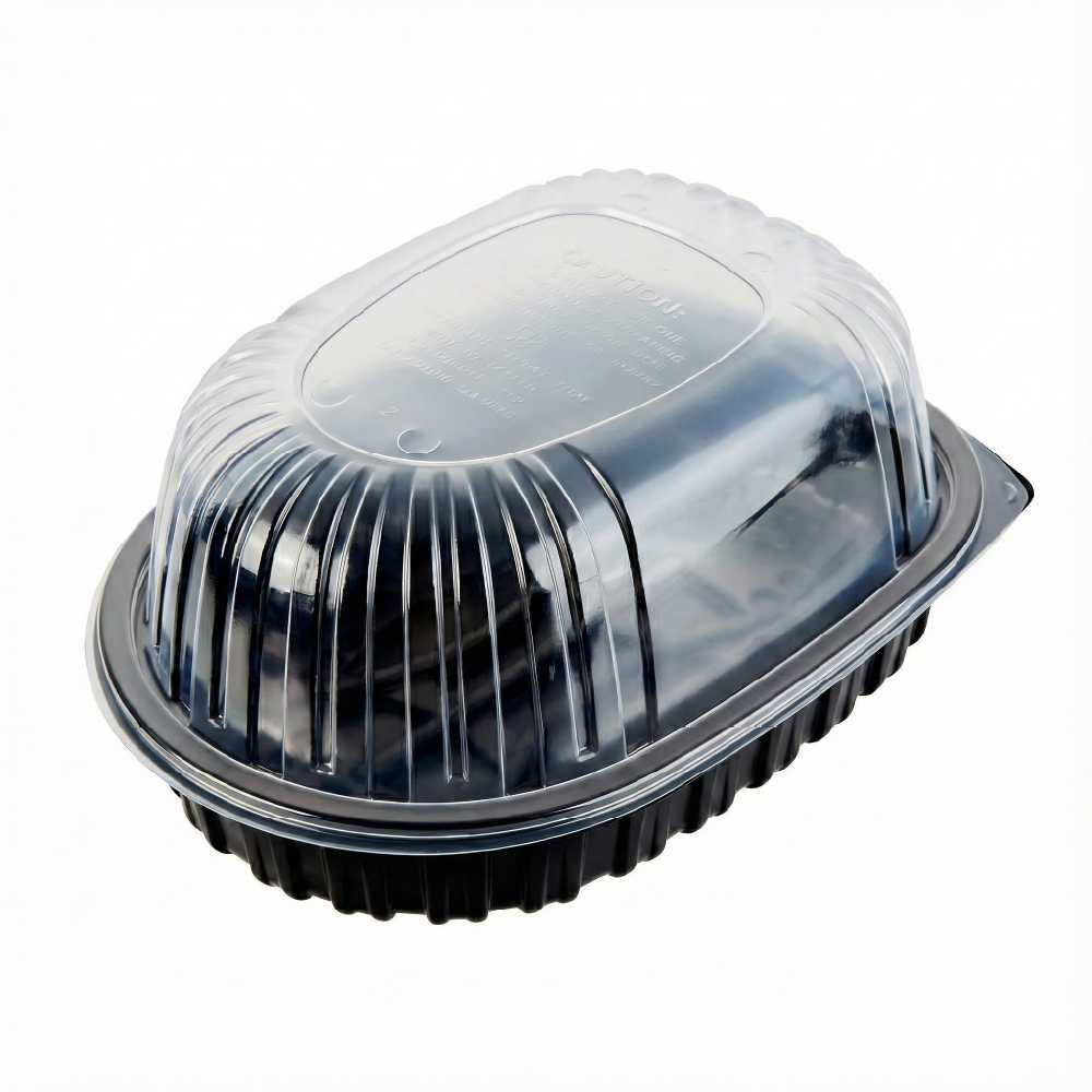 Chef 101 Black Plastic Chicken Roaster Container - with Clear Dome Lid, Microwavable - 10" x 7 1/2" x 4 1/2" - 50 count box