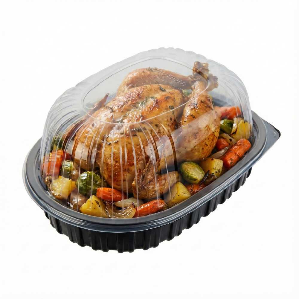 Chef 101 Black Plastic Chicken Roaster Container - with Clear Dome Lid, Microwavable - 10" x 7 1/2" x 4 1/2" - 50 count box