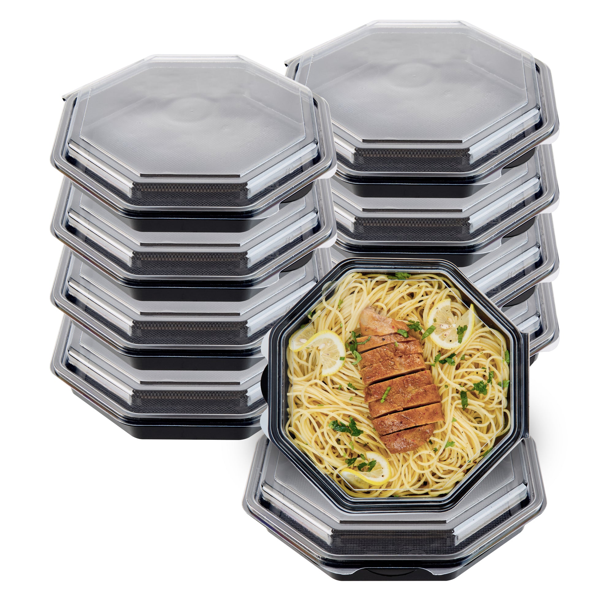 Chef 101 Octagon Black Plastic Food Container - with Clear Lid - 9