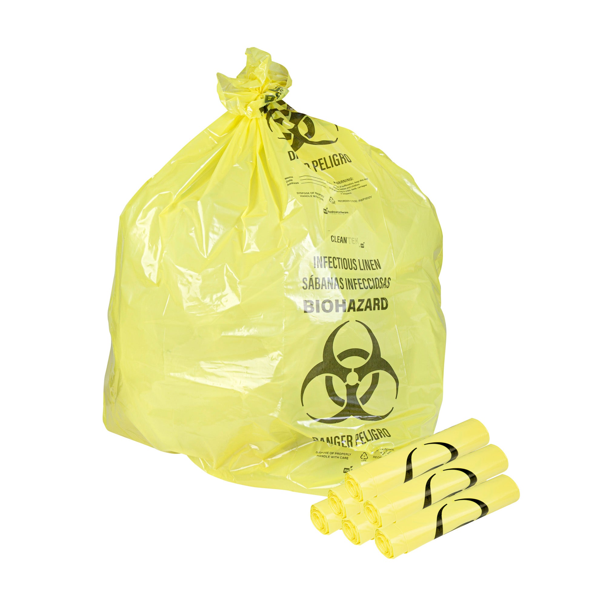 Clean Tek Professional 40-45 Gal Yellow Plastic Biohazard Trash Liner - Infectious Linen,Linear Low Density,3 mil - 40" x 46" - 50 count box