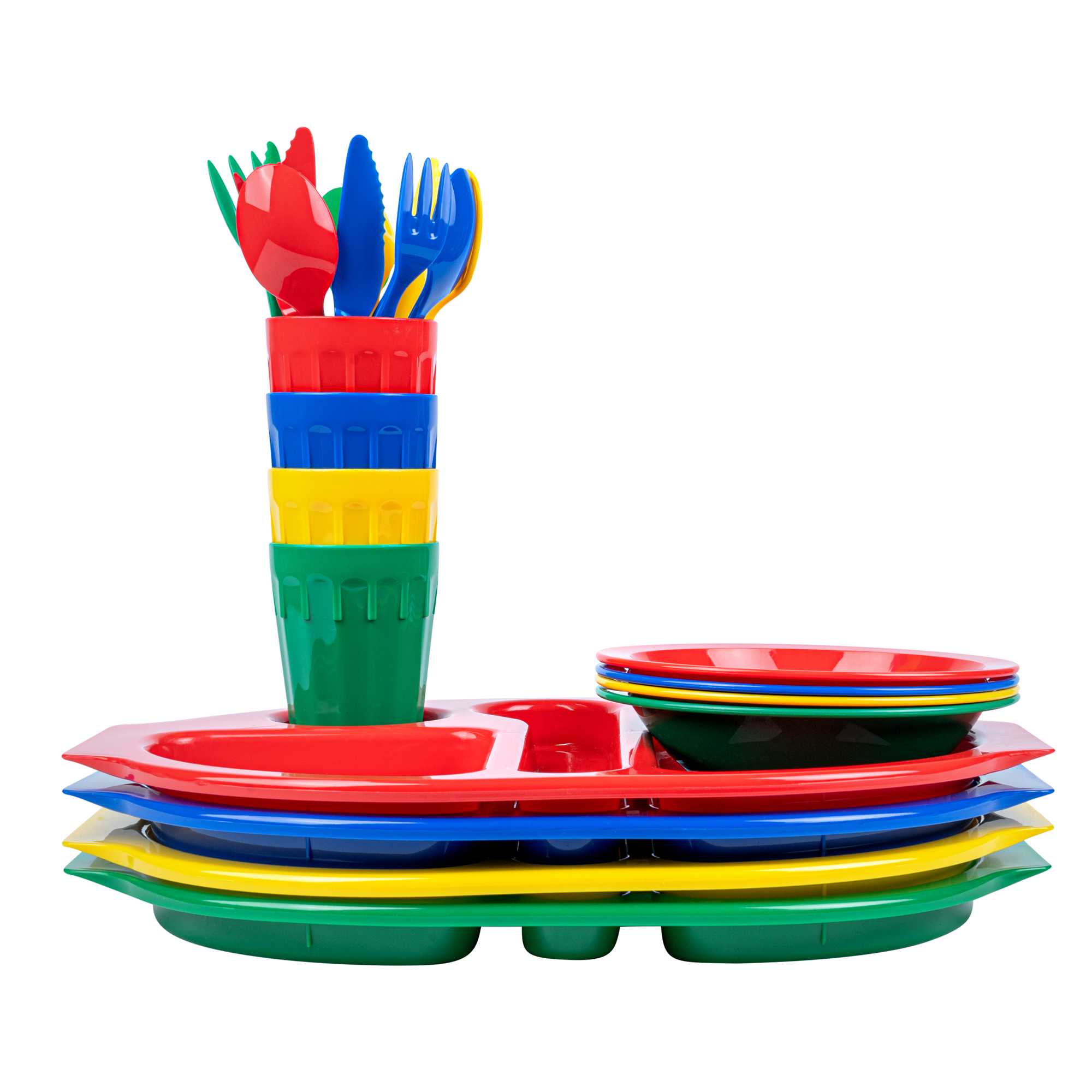 RW Kids 24-Piece Assorted Plastic Kids Dinnerware Set with Trays - Microwave-Safe, Dishwasher-Safe, BPA-Free - 1 count box