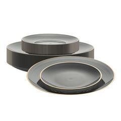 Moderna Round Black Translucent Plastic Gold-Rimmed Plate Set - Rippled, Includes 7 1/4