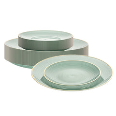 Moderna Round Green Translucent Plastic Gold-Rimmed Plate Set - Rippled, Includes 7 1/4