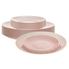 Moderna Round Pink Translucent Plastic Gold-Rimmed Plate Set - Rippled, Includes 7 1/4