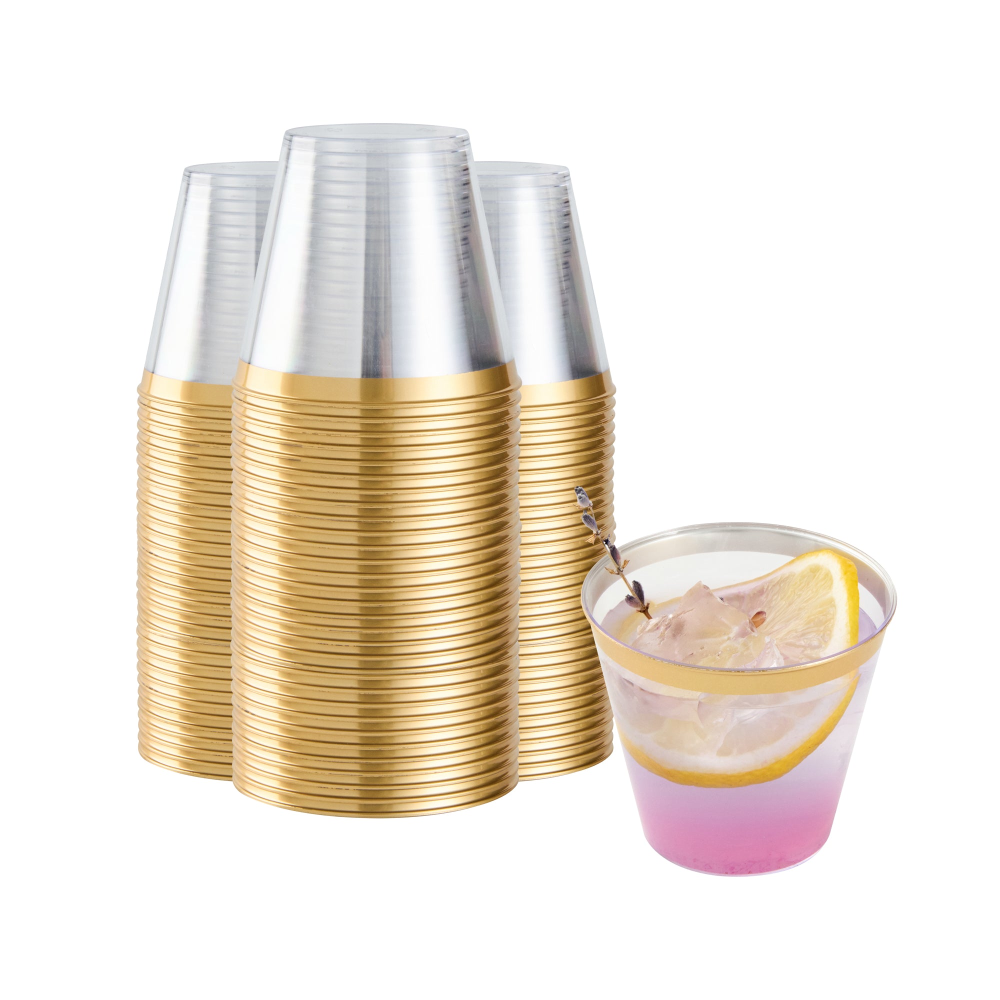Chef 101 5 oz Clear Plastic Tumbler - with Gold Rim - 2 3/4" x 2 3/4" x 2 1/4" - 20 count box
