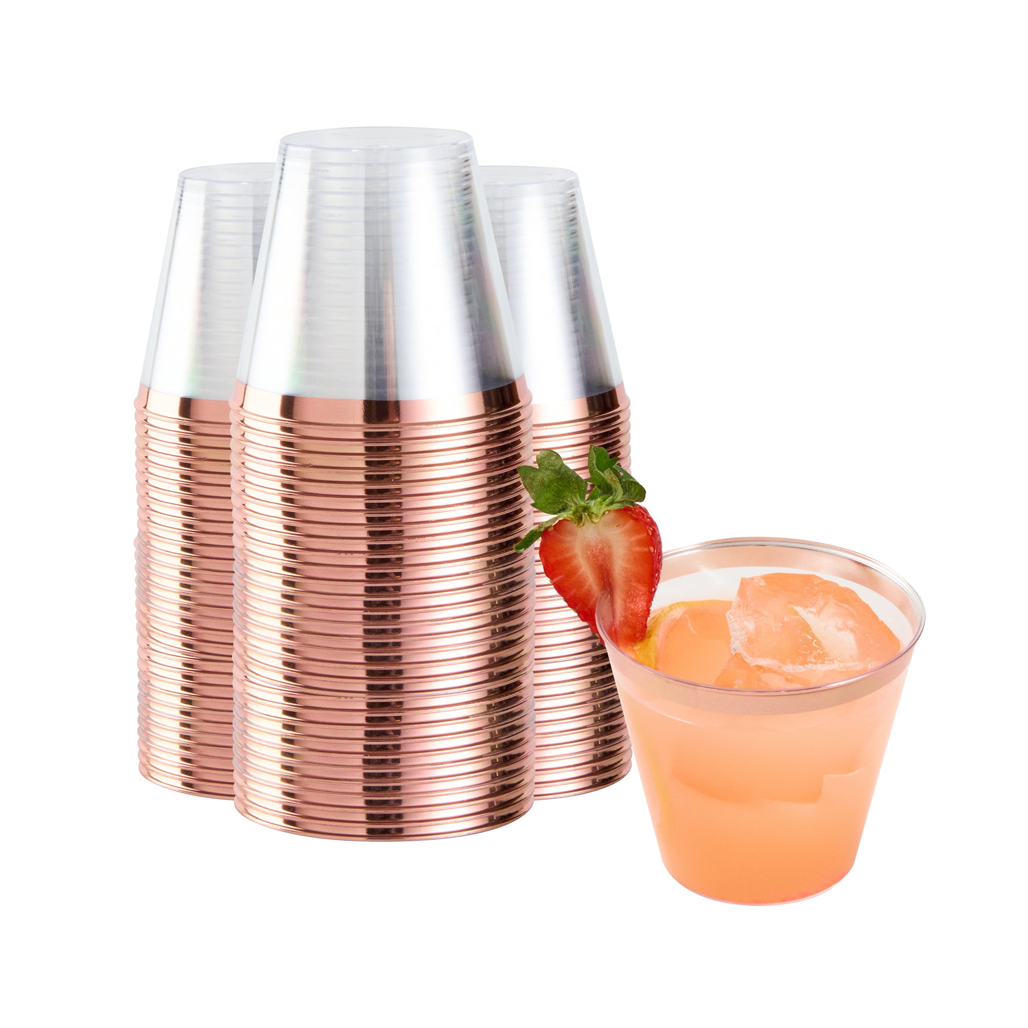 Chef 101 5 oz Clear Plastic Tumbler - with Rose Gold Rim - 2 3/4" x 2 3/4" x 2 1/4" - 500 count box