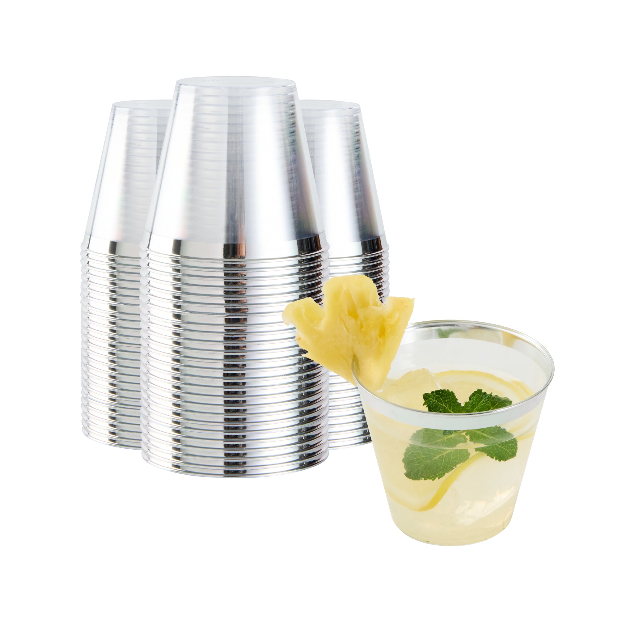 Chef 101 5 oz Clear Plastic Tumbler - with Silver Rim - 2 3/4" x 2 3/4" x 2 1/4" - 500 count box