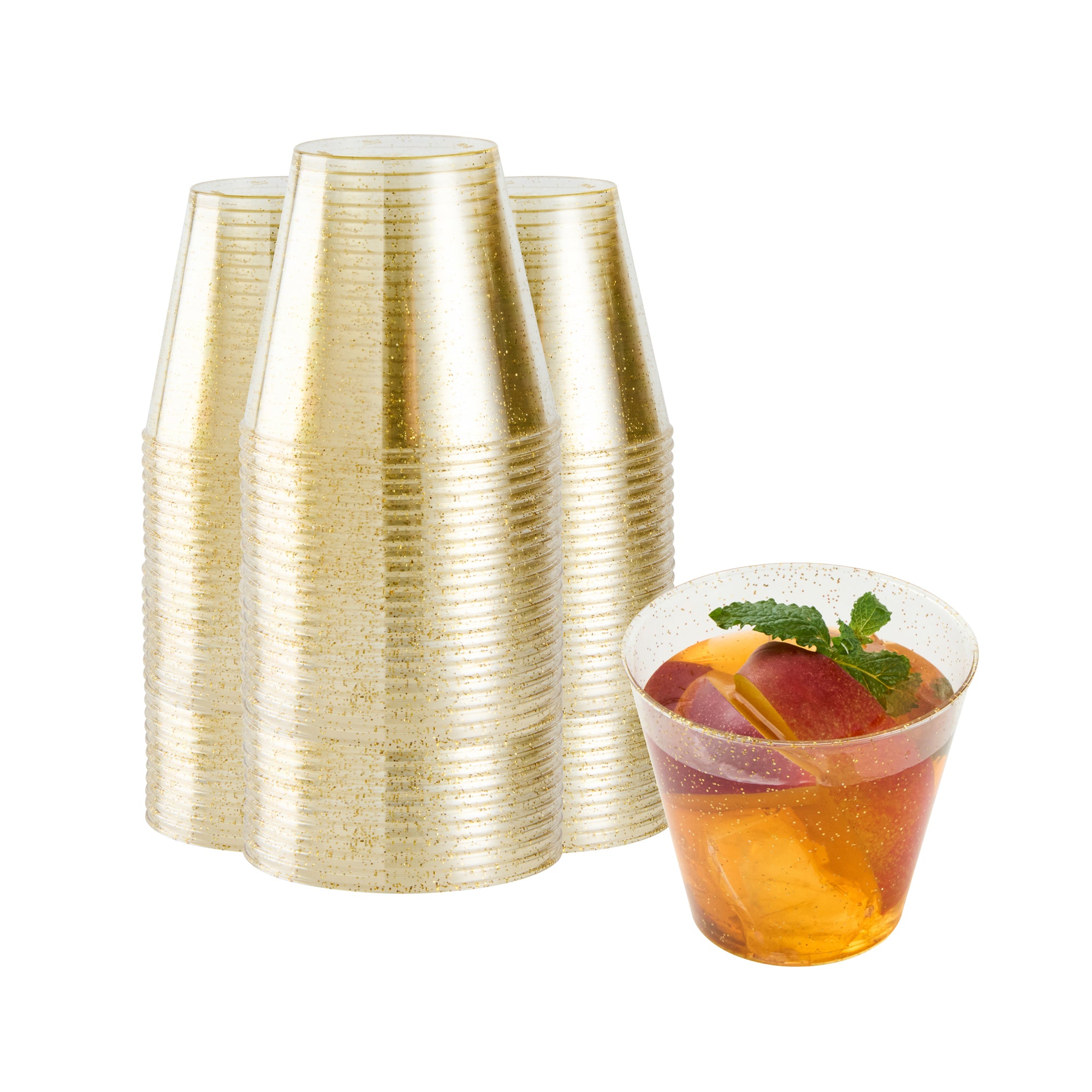 Chef 101 5 oz Gold Glitter Plastic Tumbler - 2 3/4" x 2 3/4" x 2 1/4" - 20 count box