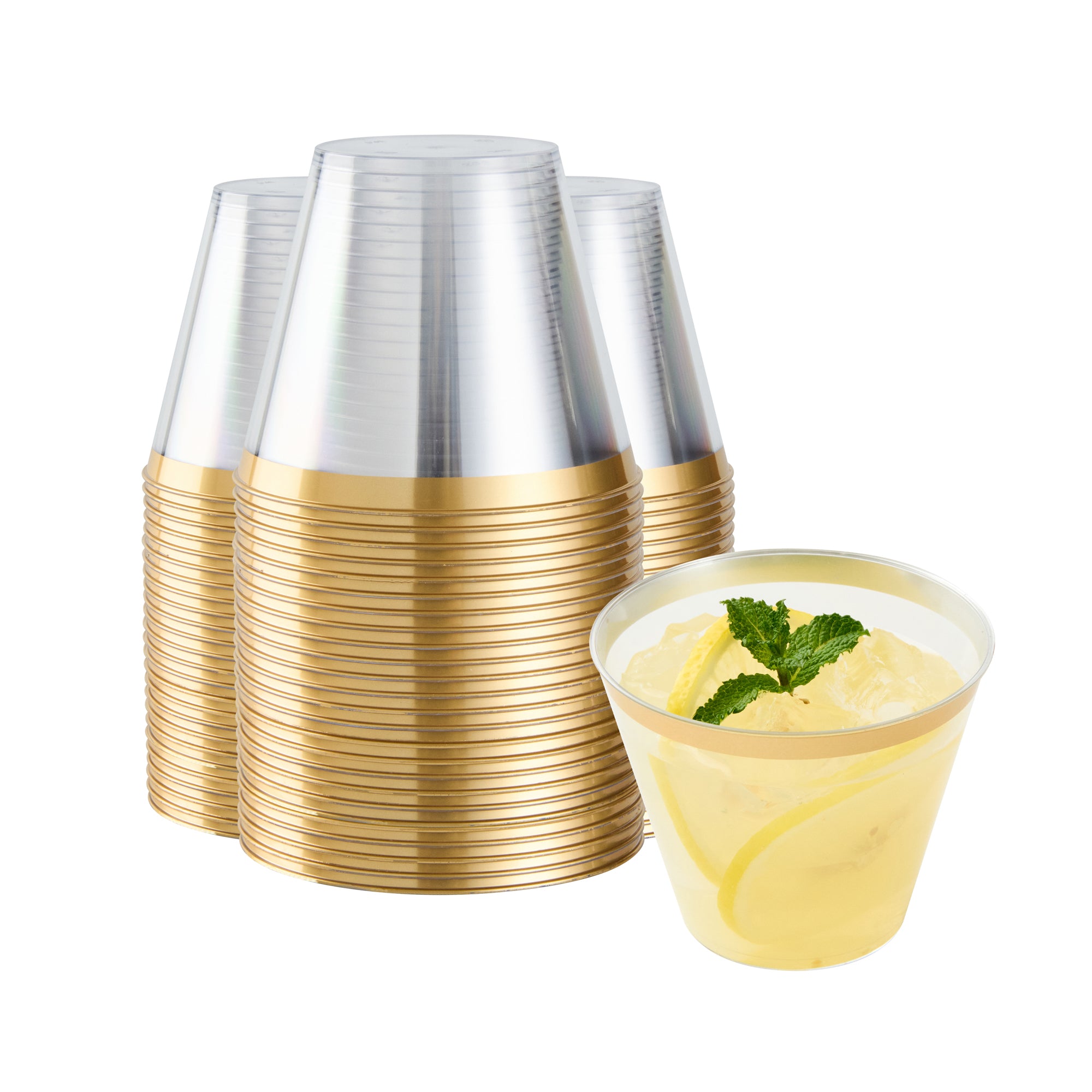 Chef 101 9 oz Clear Plastic Tumbler - with Gold Rim - 3 1/2" x 3 1/2" x 2 3/4" - 500 count box
