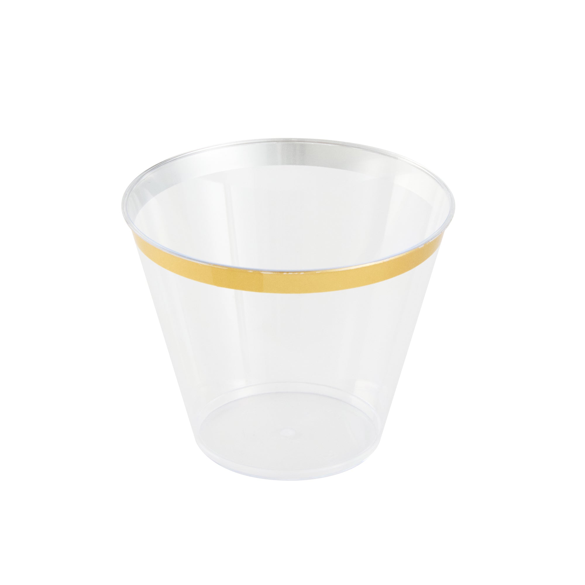 Chef 101 9 oz Clear Plastic Tumbler - with Gold Rim - 3 1/2" x 3 1/2" x 2 3/4" - 20 count box