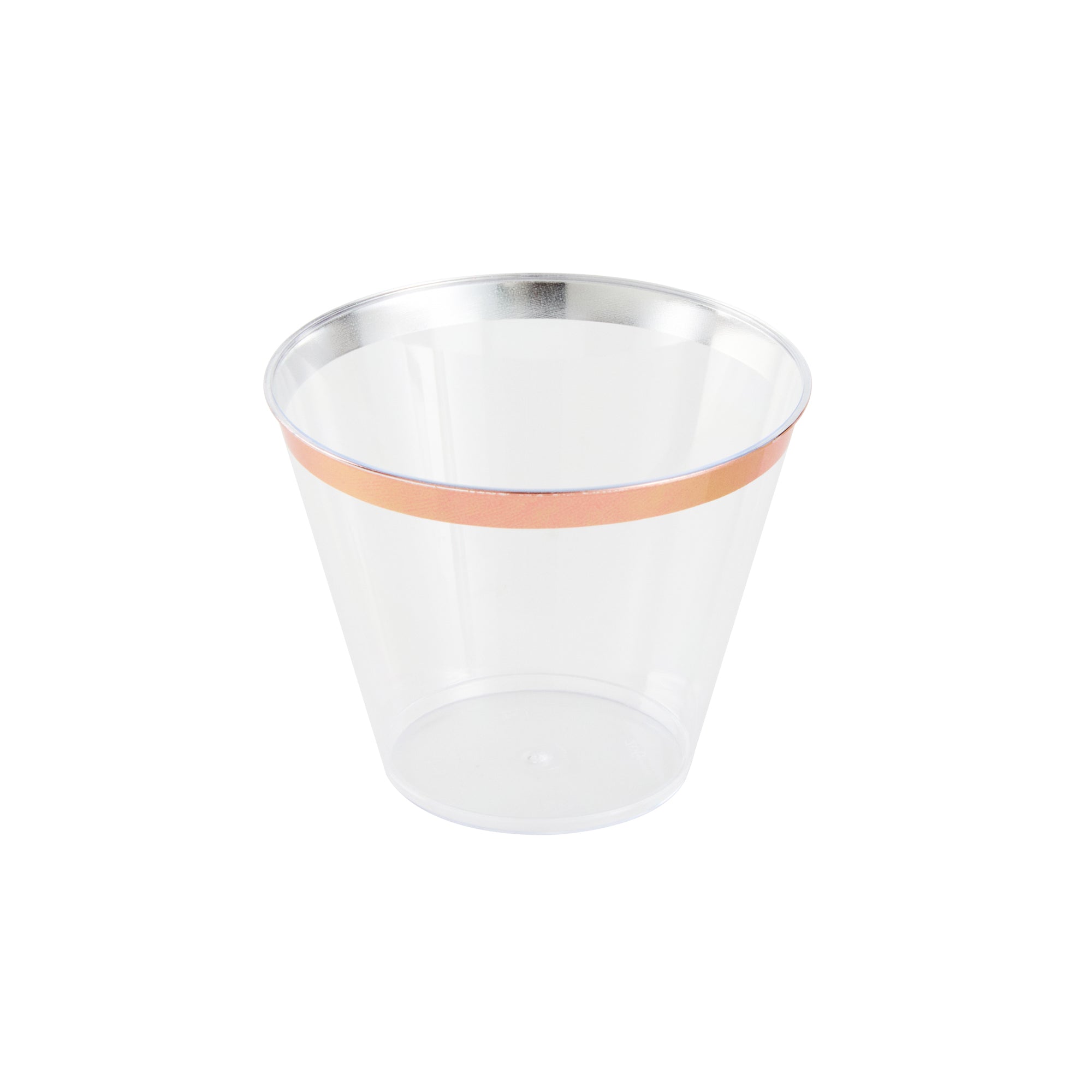 Chef 101 9 oz Clear Plastic Tumbler - with Rose Gold Rim - 3 1/2" x 3 1/2" x 2 3/4" - 20 count box