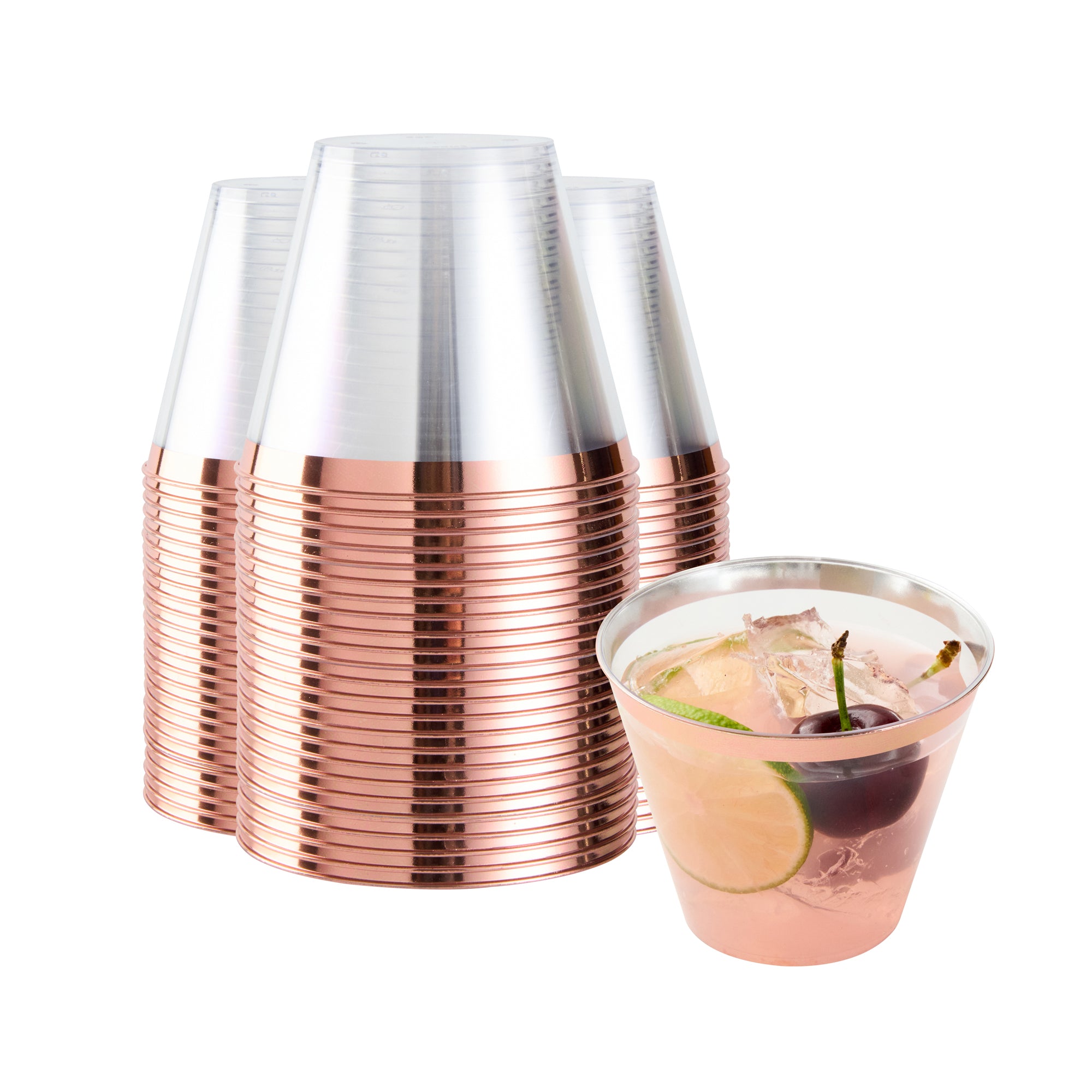 Chef 101 9 oz Clear Plastic Tumbler - with Rose Gold Rim - 3 1/2" x 3 1/2" x 2 3/4" - 20 count box