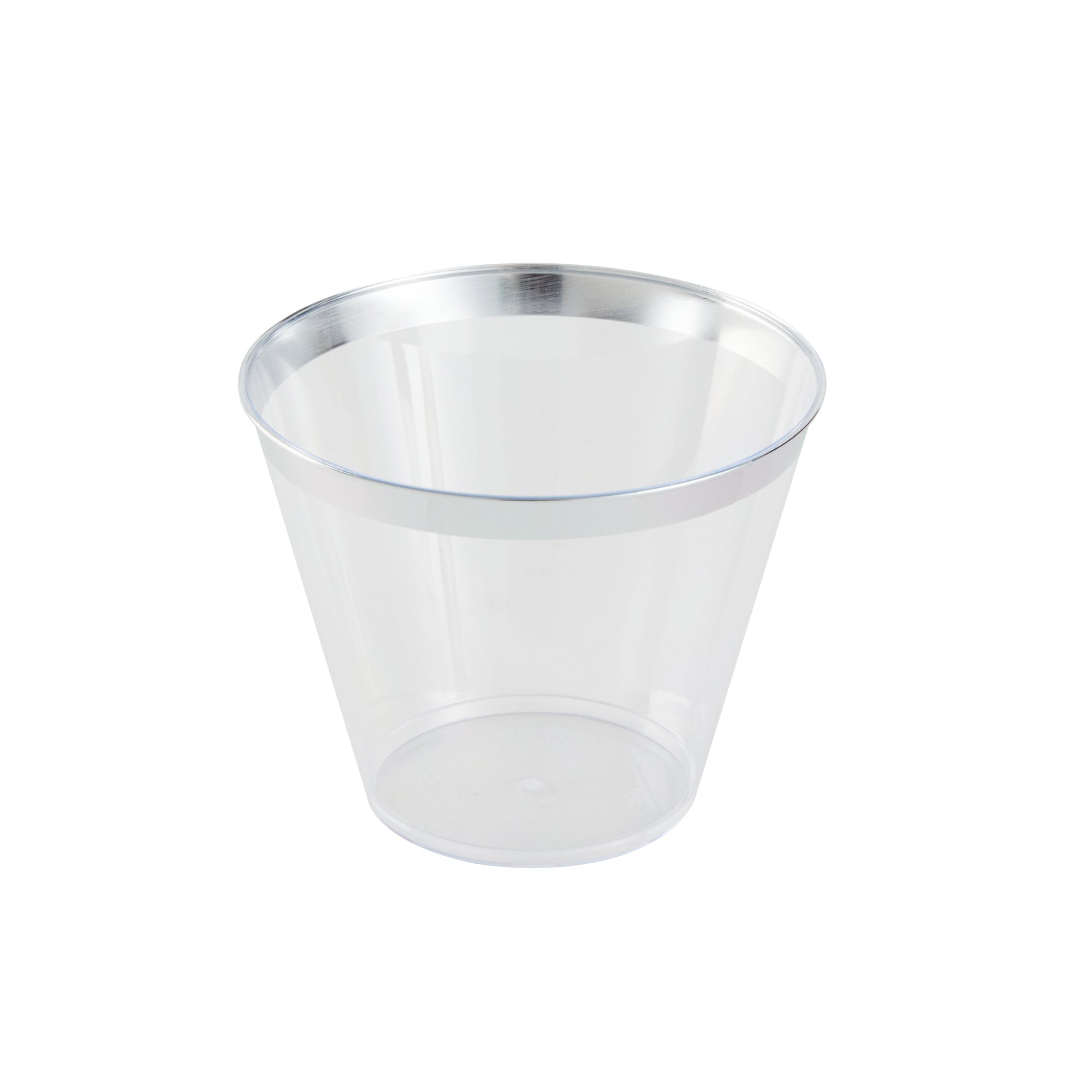Chef 101 9 oz Clear Plastic Tumbler - with Silver Rim - 3 1/2" x 3 1/2" x 2 3/4" - 500 count box