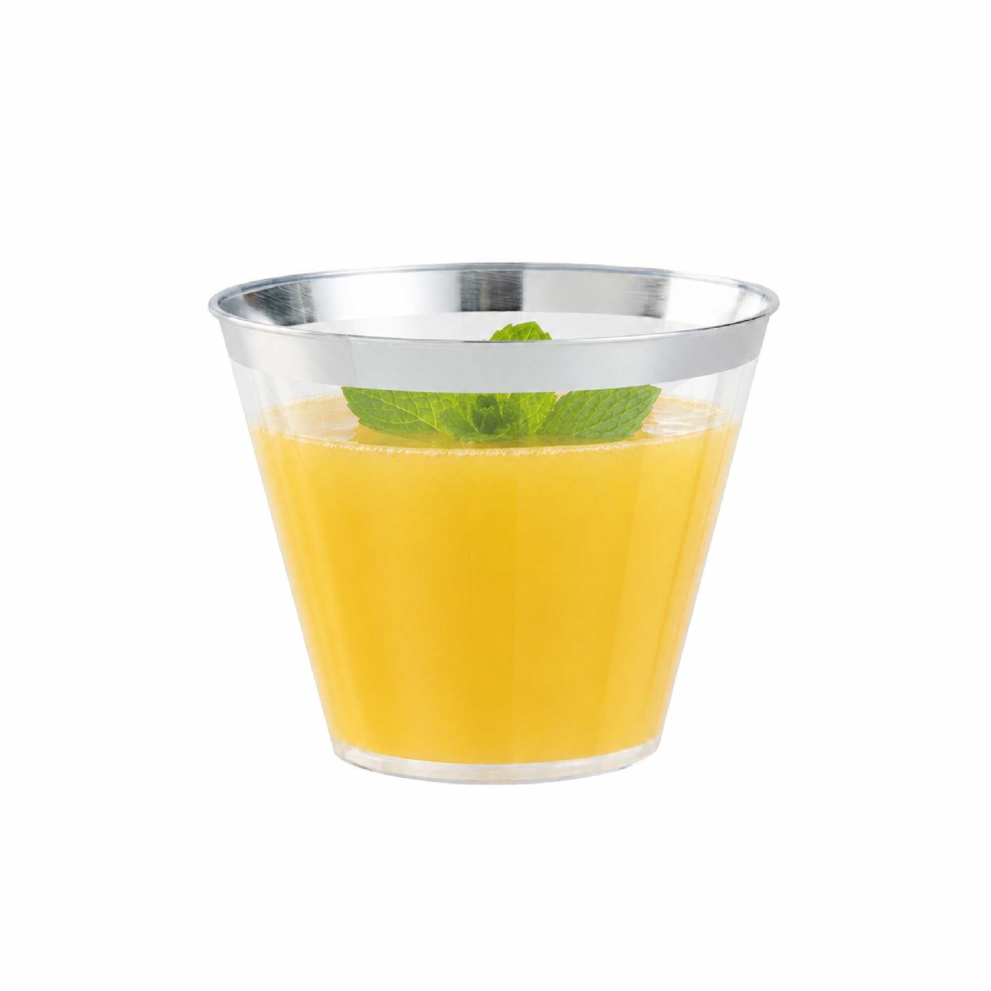 Chef 101 9 oz Clear Plastic Tumbler - with Silver Rim - 3 1/2" x 3 1/2" x 2 3/4" - 500 count box