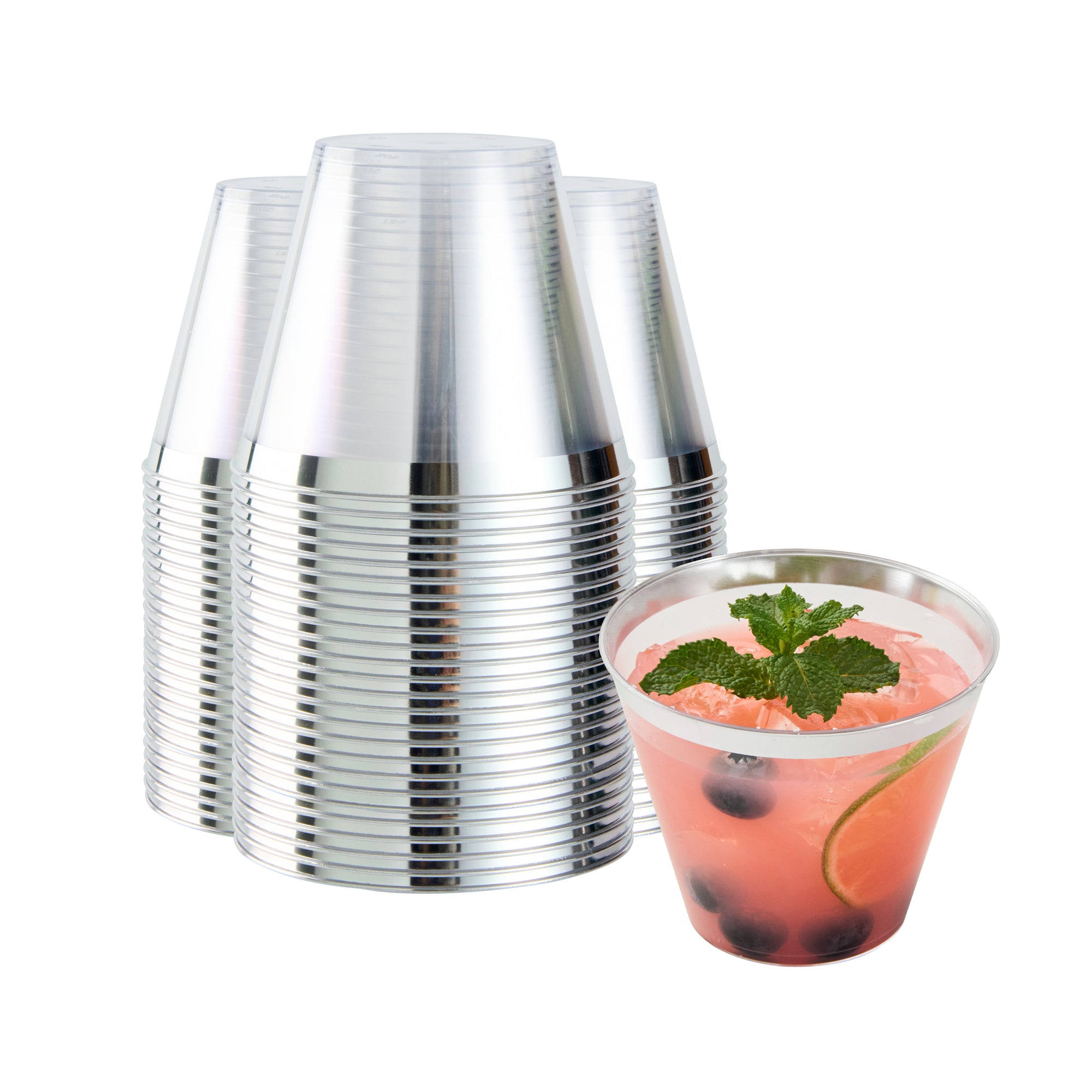 Chef 101 9 oz Clear Plastic Tumbler - with Silver Rim - 3 1/2" x 3 1/2" x 2 3/4" - 20 count box