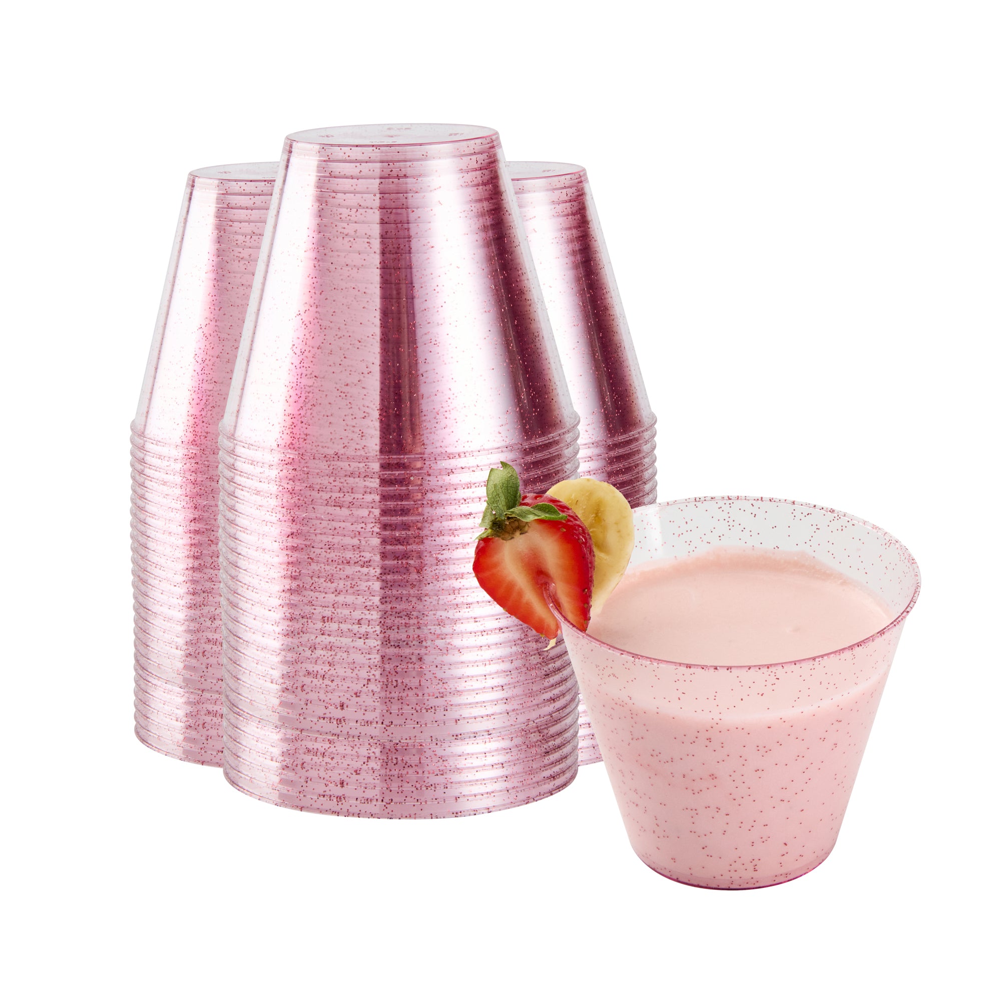 Chef 101 9 oz Pink Glitter Plastic Tumbler - 3 1/2" x 3 1/2" x 2 3/4" - 500 count box