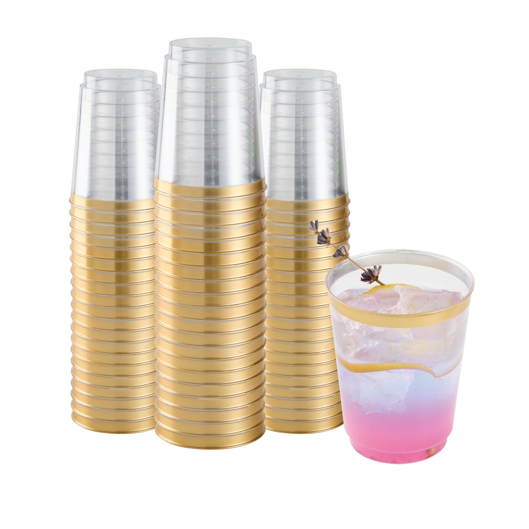 Chef 101 10 oz Clear Plastic Tumbler - with Gold Rim - 3" x 3" x 3 3/4" - 20 count box