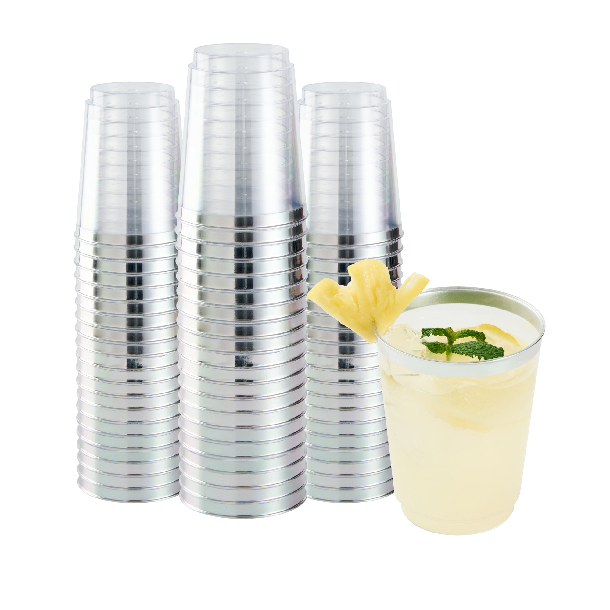 Chef 101 10 oz Clear Plastic Tumbler - with Silver Rim - 3" x 3" x 3 3/4" - 20 count box