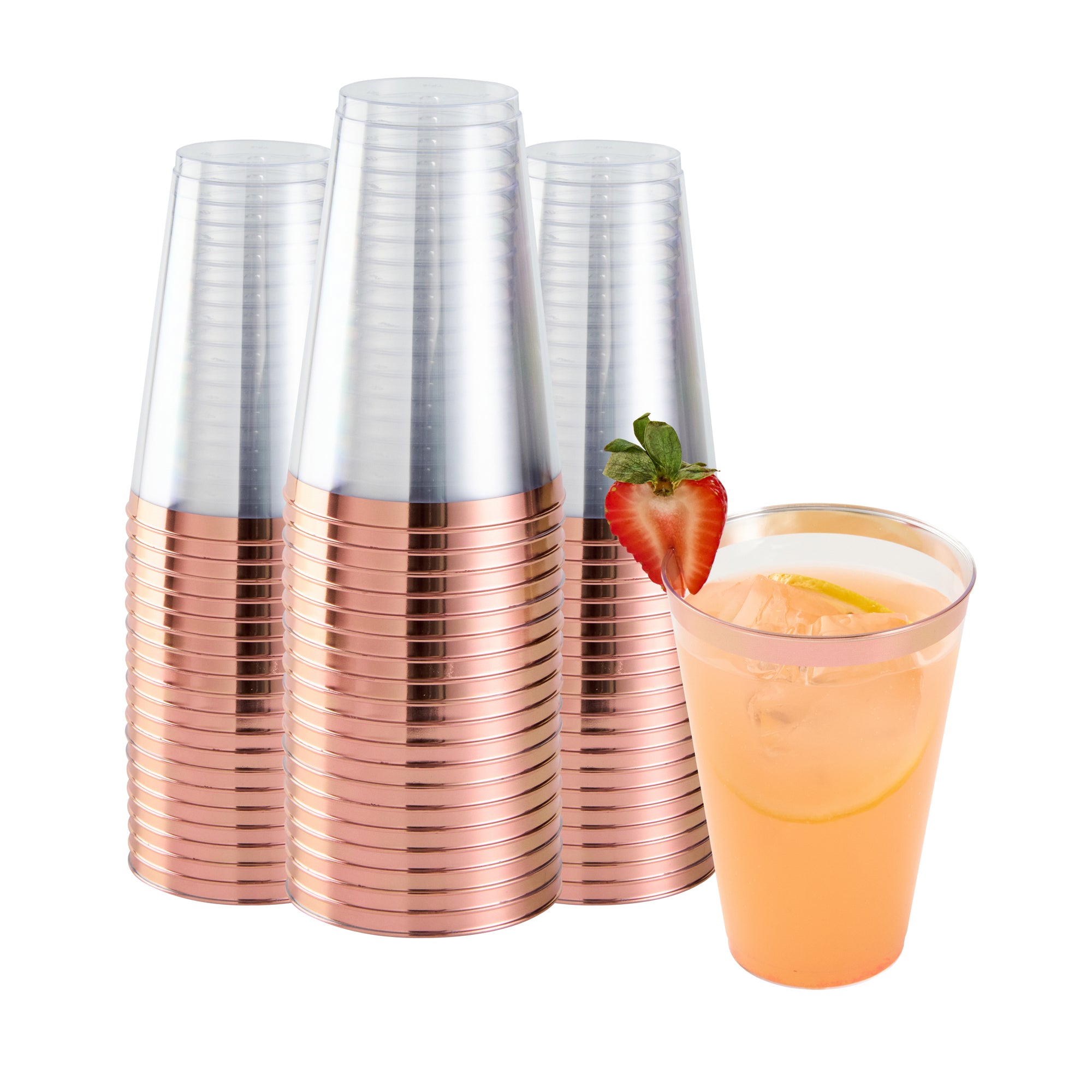 Chef 101 14 oz Clear Plastic Tumbler - with Rose Gold Rim - 3 1/4" x 3 1/4" x 4 3/4" - 20 count box