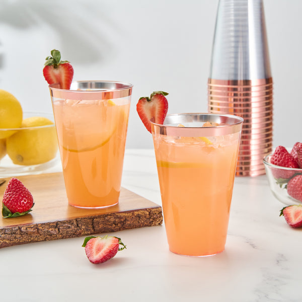Chef 101 14 oz Clear Plastic Tumbler - with Rose Gold Rim - 3 1/4" x 3 1/4" x 4 3/4" - 500 count box