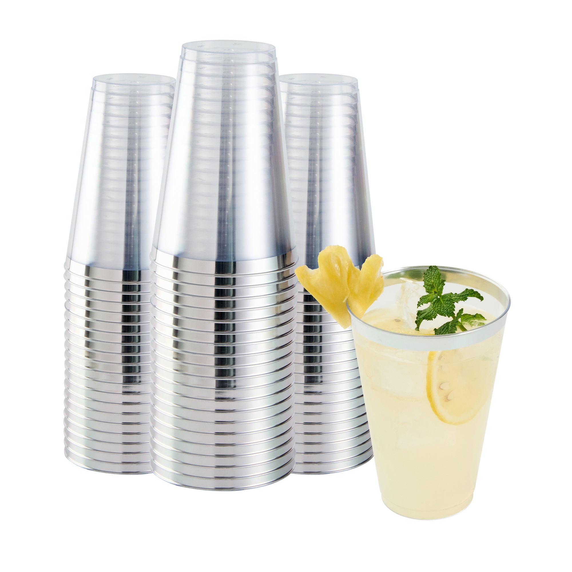 Chef 101 14 oz Clear Plastic Tumbler - with Silver Rim - 3 1/4" x 3 1/4" x 4 3/4" - 20 count box
