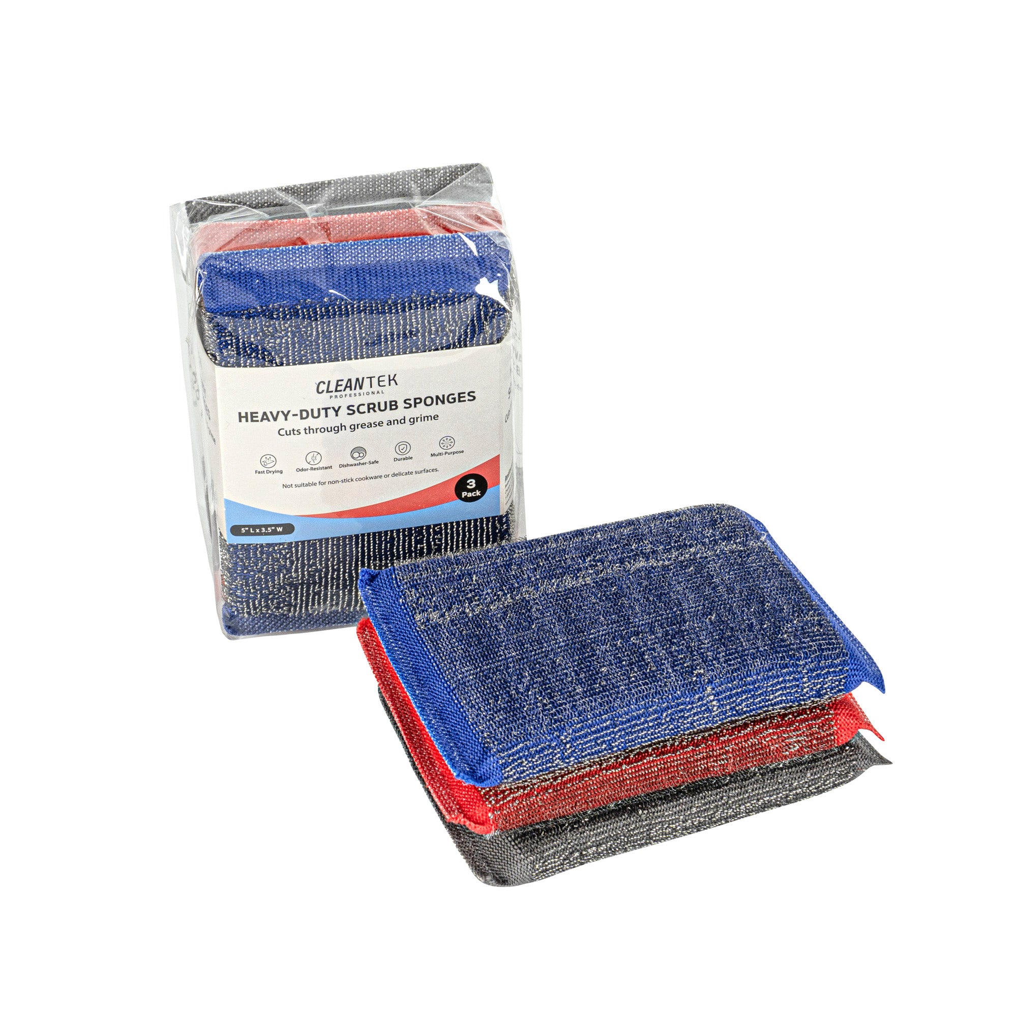 Clean Tek Professional Heavy-Duty Multi-Purpose Assorted Iron Scrub Sponge - Gray, Red, and Blue - 5" x 3 1/2" x 1/2" - 60 count box