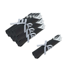 Moderna Silver Plastic Cutlery Set - with Black Napkin, Silver Ribbon - 7 1/4
