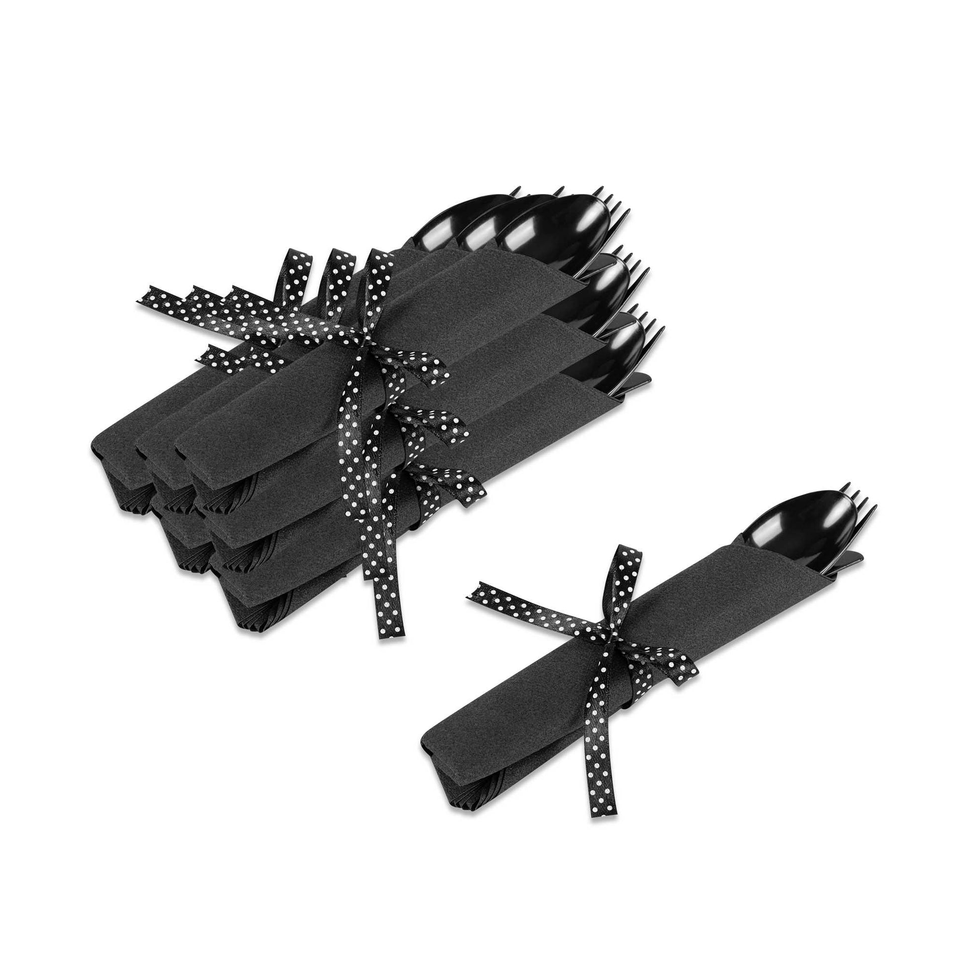 Argento Black Plastic Cutlery Set - with Black Napkin, Polka Dot Ribbon - 7 1/4" x 2" x 1 3/4" - 100 count box