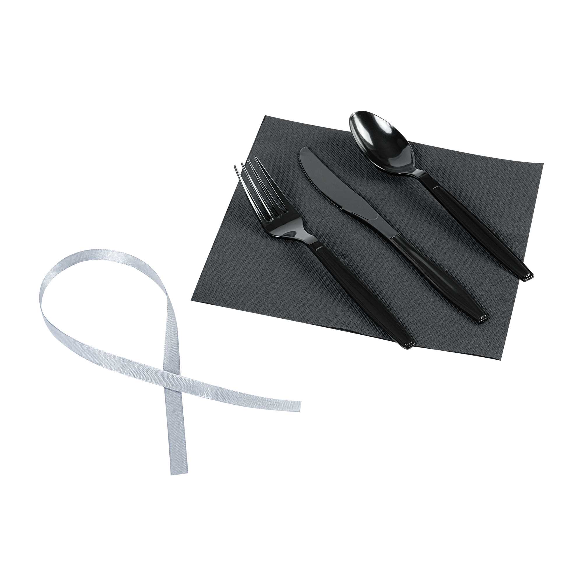 Argento Black Plastic Cutlery Set - with Black Napkin, Silver Ribbon - 7 1/4" x 2" x 1 3/4" - 100 count box