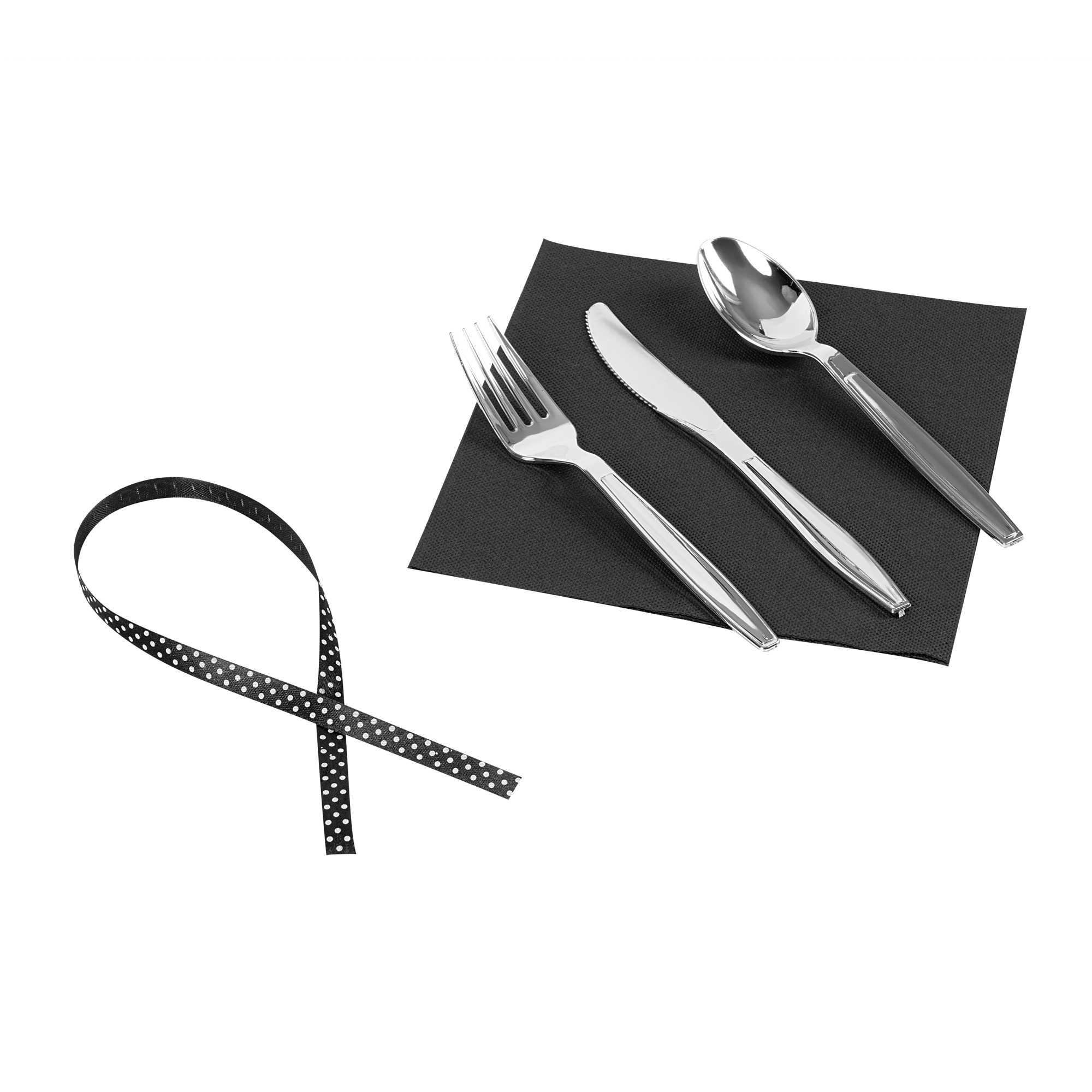 Argento Silver Plastic Cutlery Set - with Black Napkin, Polka Dot Ribbon - 7 1/4" x 2" x 1 3/4" - 100 count box