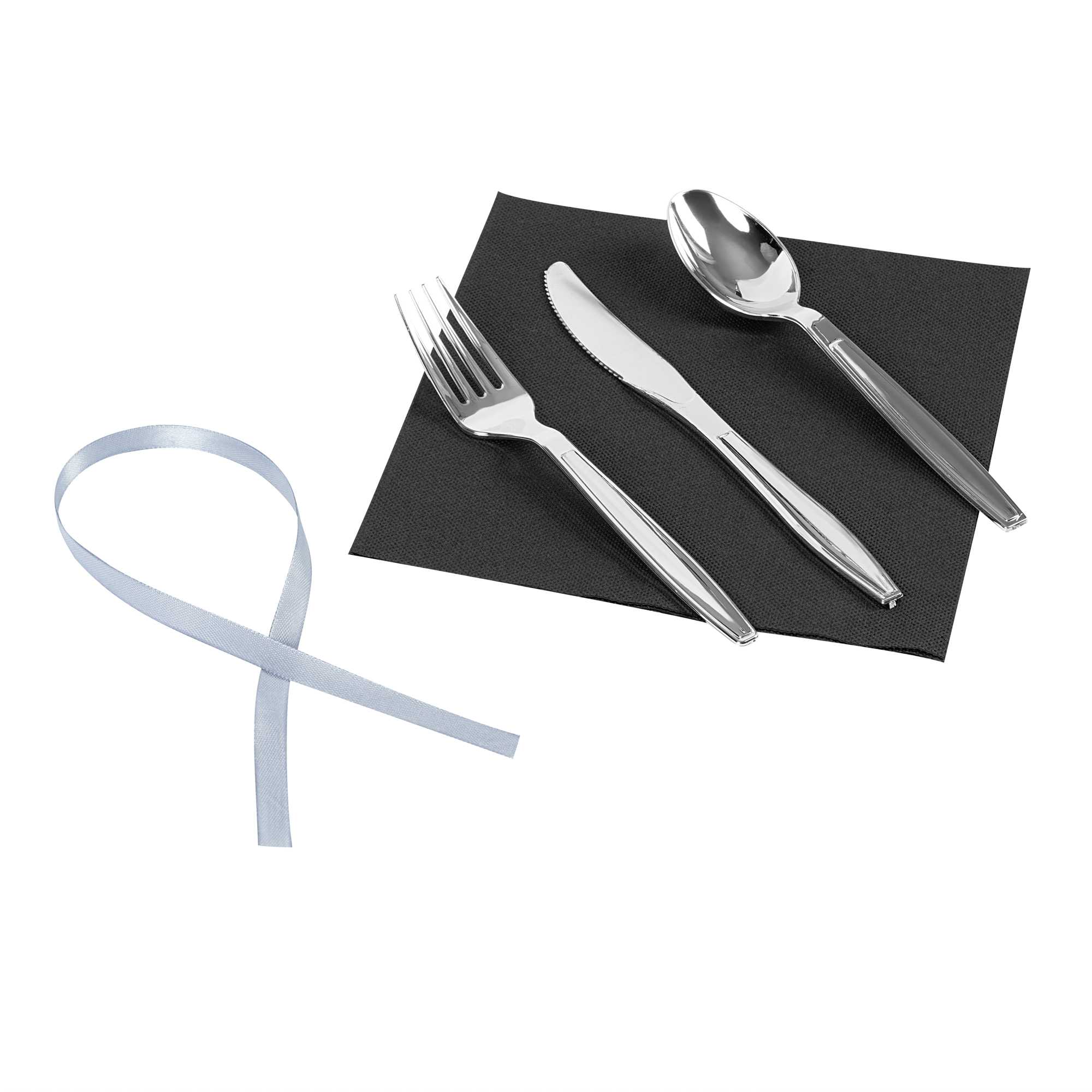 Argento Silver Plastic Cutlery Set - with Black Napkin, Silver Ribbon - 7 1/4" x 2" x 1 3/4" - 100 count box