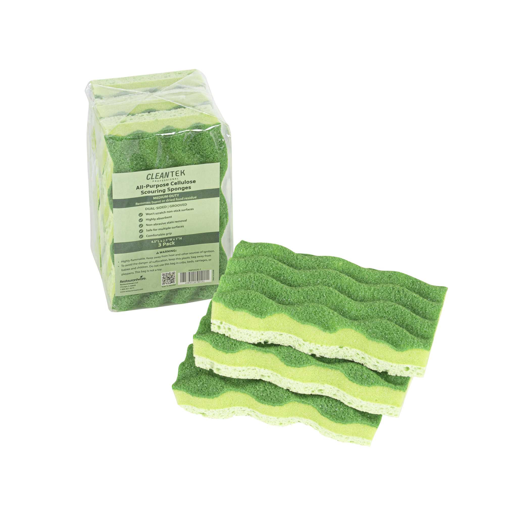 Clean Tek Professional All-Purpose Light and Dark Green Cellulose Scouring Sponge - Grooved - 4 1/2" x 2 1/2" x 1" - 3 count box
